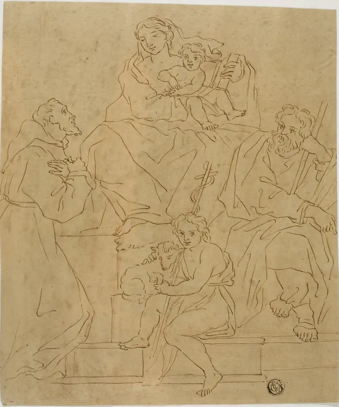 Holy Family with Saint Francis of Assisi and the Infant John the Baptist Wall Art by Giacomo Cavedone - High-Resolution Digital Print