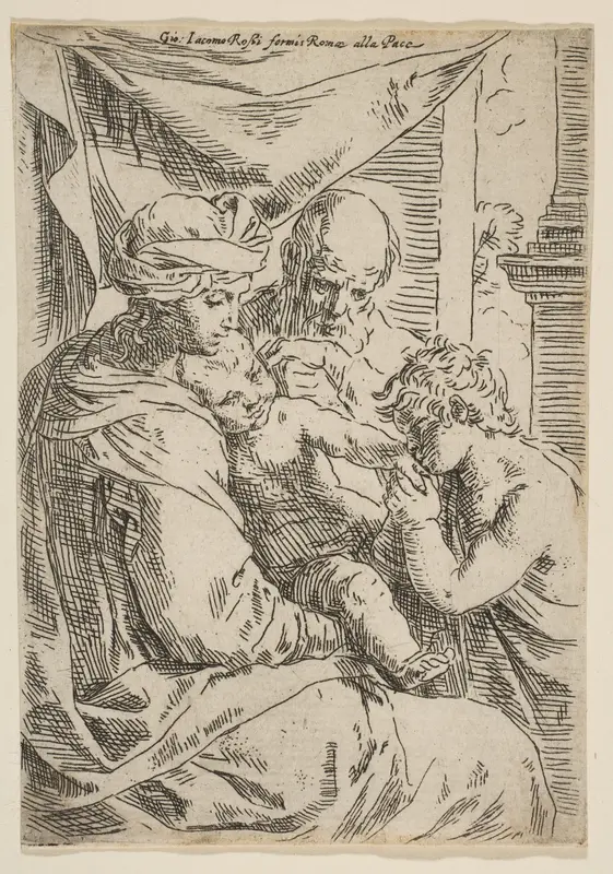 Holy Family with Saint John the Baptist kissing the infant Christ's hand Wall Art by Simone Cantarini - High-Resolution Digital Print
