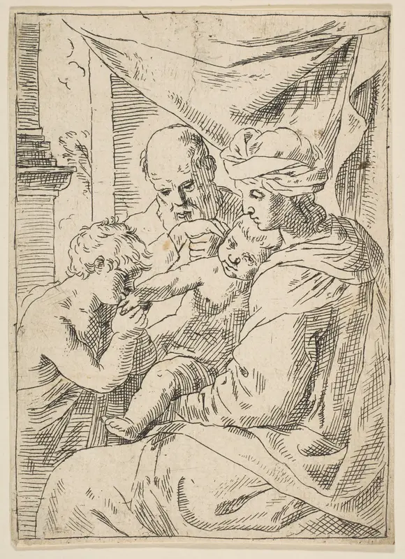 Holy Family with Saint John the Baptist kissing the infant Christ's hand, copy in reverse after Cantarini Wall Art by Simone Cantarini - High-Resolution Digital Print