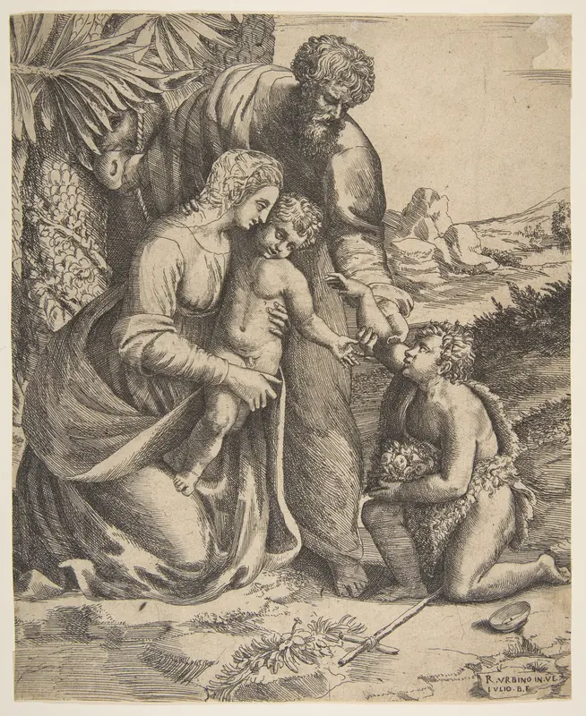 Holy Family with Saint John the Baptist who kneels at the right Wall Art by Giulio Bonasone - High-Resolution Digital Print