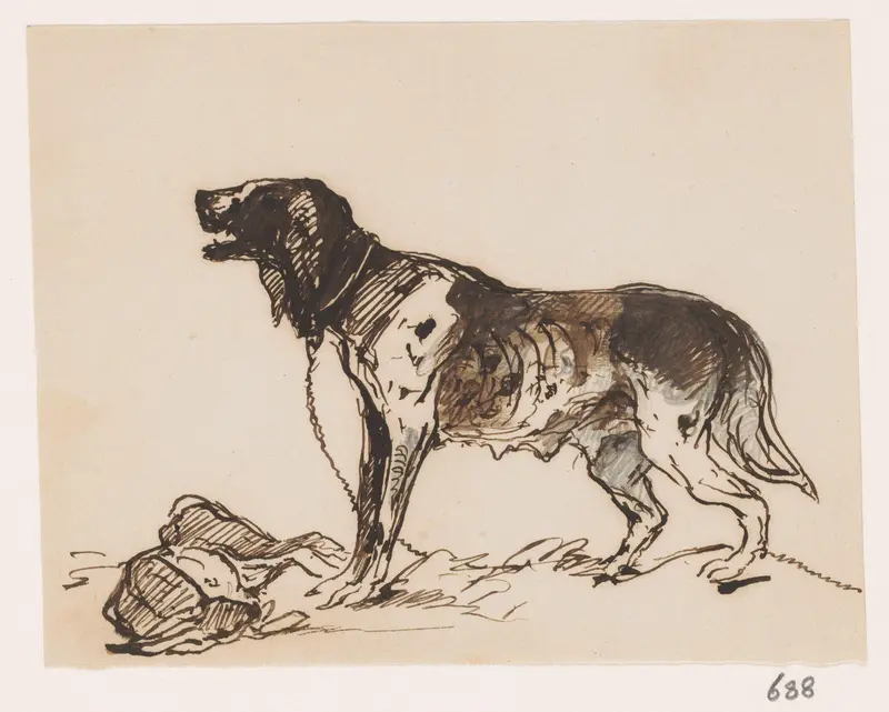 Hond aan de ketting, voor zich een dode haas Wall Art by Johannes Tavenraat - High-Resolution Digital Print