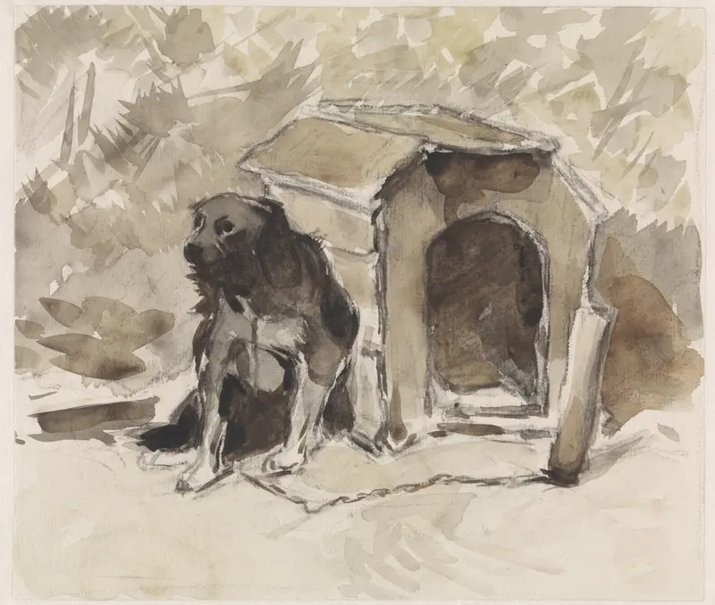 Hond, aangelijnd zittend voor zijn hok Wall Art by Jan van Essen - High-Resolution Digital Print