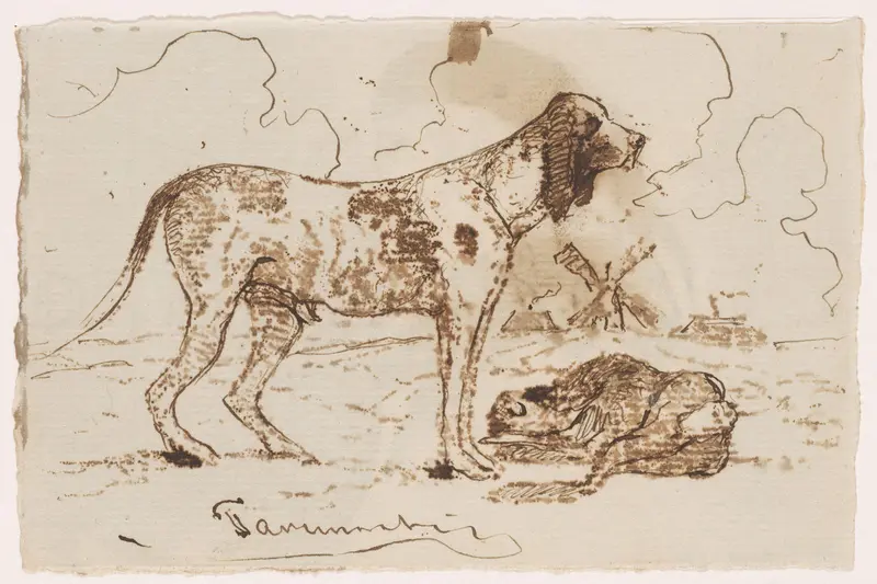 Hond in het veld bij een haas Wall Art by Unknown - High-Resolution Digital Print