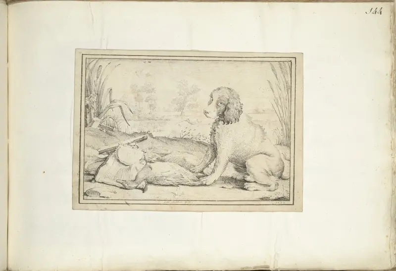 Hond naast jachtuitrusting en buit in landschap Wall Art by Unknown - High-Resolution Digital Print