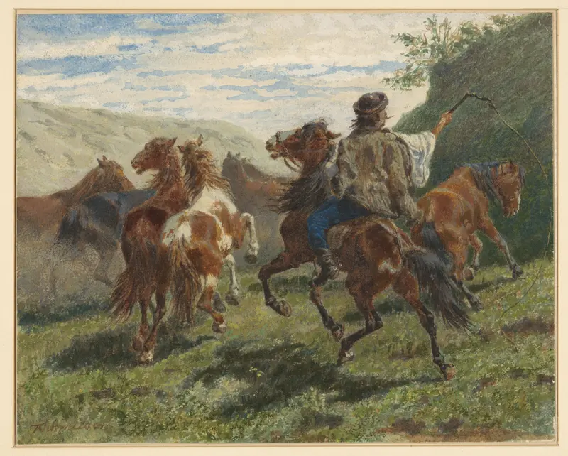 Hongaarse ruiter drijft een aantal paarden naar de achtergrond Wall Art by F. Smithson - High-Resolution Digital Print