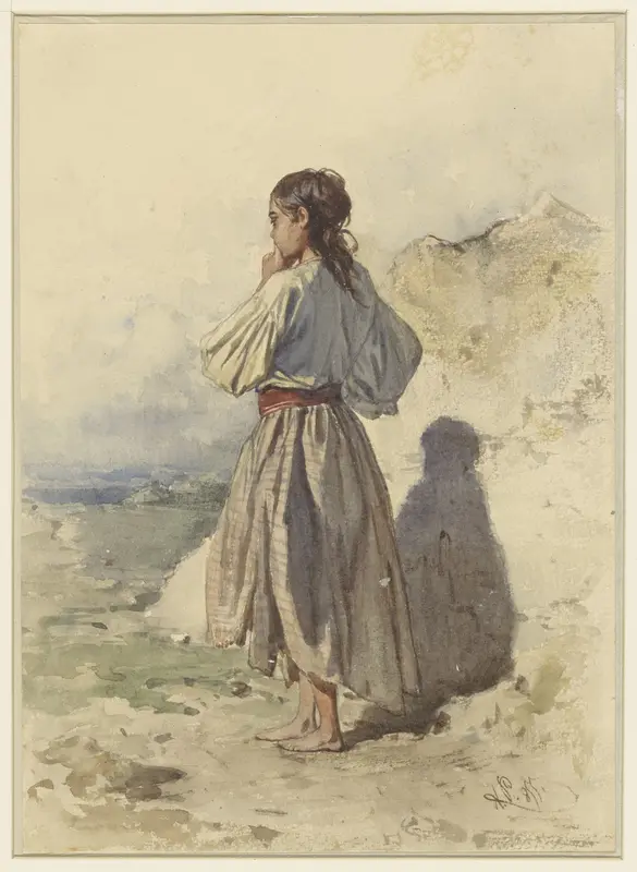 Hongaarse vrouw, staande driekwart naar links, op de rug gezien Wall Art by August Xaver Carl von Pettenkofen - High-Resolution Digital Print