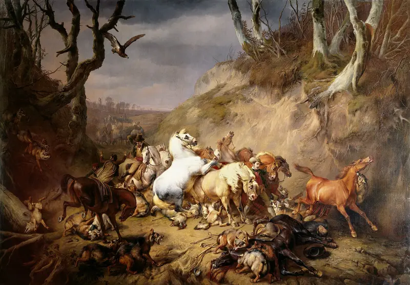 Hongerige wolven overvallen een groep ruiters Wall Art by Eugène Verboeckhoven - High-Resolution Digital Print