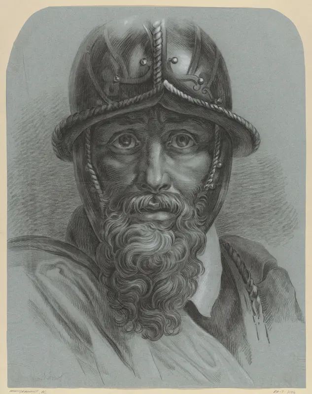 Hoofd van een man met helm en baard, van voren Wall Art by Unknown - High-Resolution Digital Print