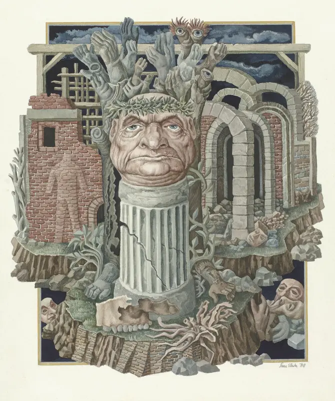 Hoofd van een man op een sokkel met poorten en lichaamsdelen Wall Art by Unknown - High-Resolution Digital Print