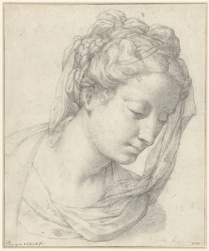 Hoofd van een vrouw, driekwart naar rechts en naar beneden kijkend Wall Art by Francesco Salviati - High-Resolution Digital Print