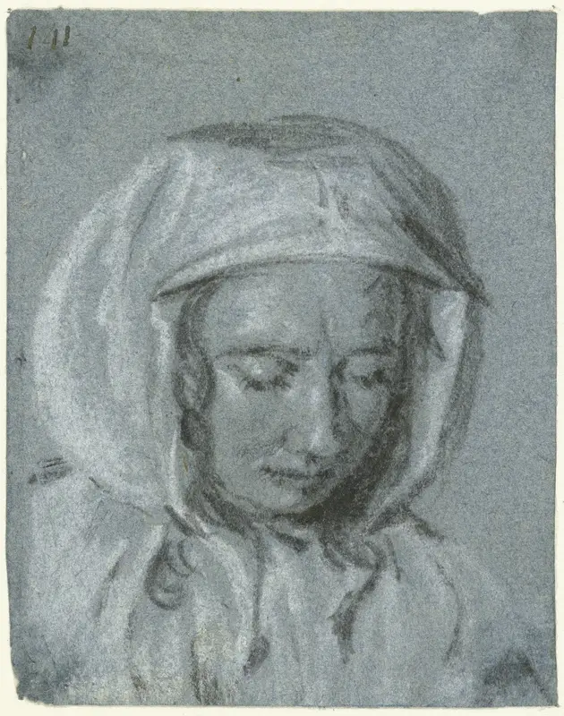 Hoofd van een vrouw met een hoofddoek, naar beneden kijkend Wall Art by Moses ter Borch - High-Resolution Digital Print