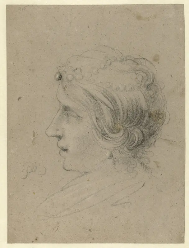 Hoofd van een vrouw met een parelsnoer in het haar, en profiel, naar links Wall Art by Pieter Jansz Quast - High-Resolution Digital Print