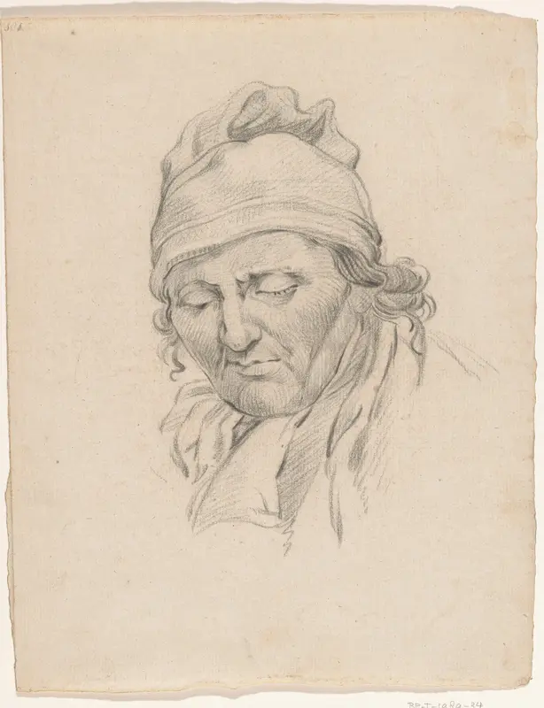 Hoofd van omlaag ziende man, met muts op Wall Art by anonymous - High-Resolution Digital Print