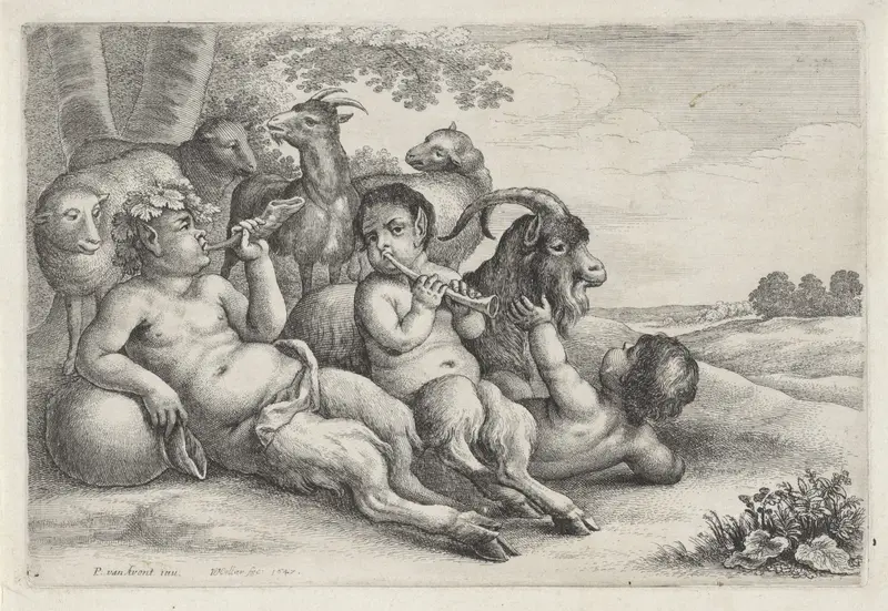 Hoornblazende saters met schapen en geiten Wall Art by Unknown - High-Resolution Digital Print