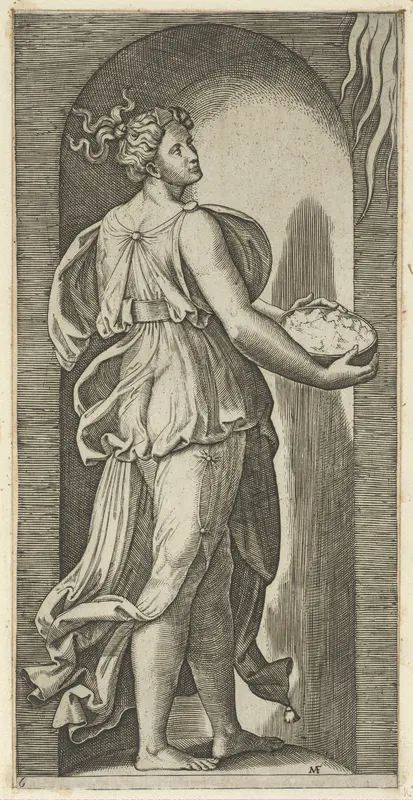 Hope personified as a woman standing in a niche facing right, holding a container of unleavened bread in both hands, from "The Virtues"