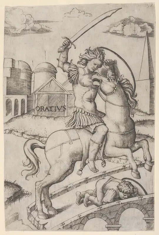 Horatius Cocles on horseback, trampling a fallen soldier