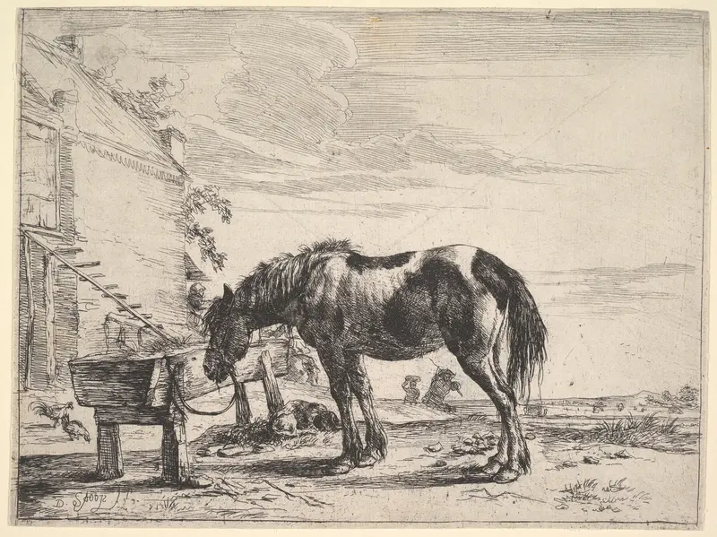 Horse Bound to a Feeding Trough, from "The Horses" Wall Art by Dirck Stoop - High-Resolution Digital Print