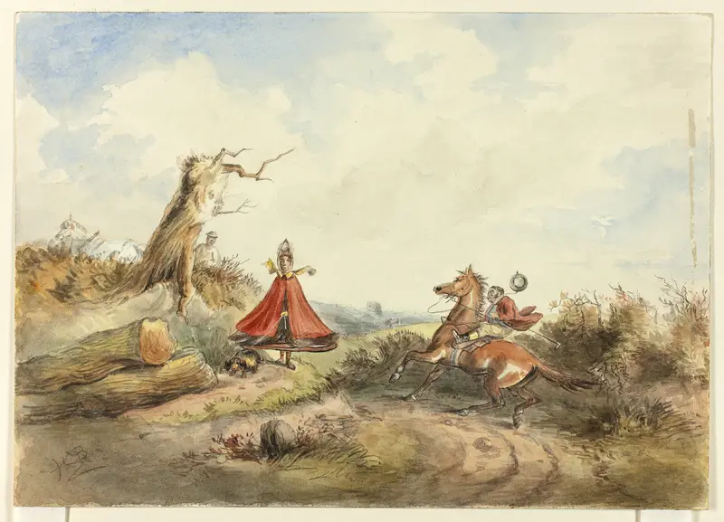 Horse with Rider Shying Away From Woman with Dog Wall Art by Hablot Knight Browne - High-Resolution Digital Print