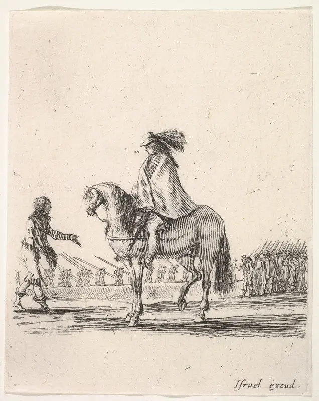 Horseman in center facing left speaking to a man on foot, infantry troops in a line in the background, from "Various cavalry exercises" (Diverses exercices de cavalerie) Wall Art by Stefano della Bella - High-Resolution Digital Print