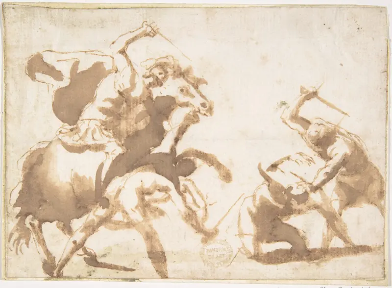 Horsemen and Three Foot Soldiers in Battle Wall Art by Francesco Allegrini - High-Resolution Digital Print