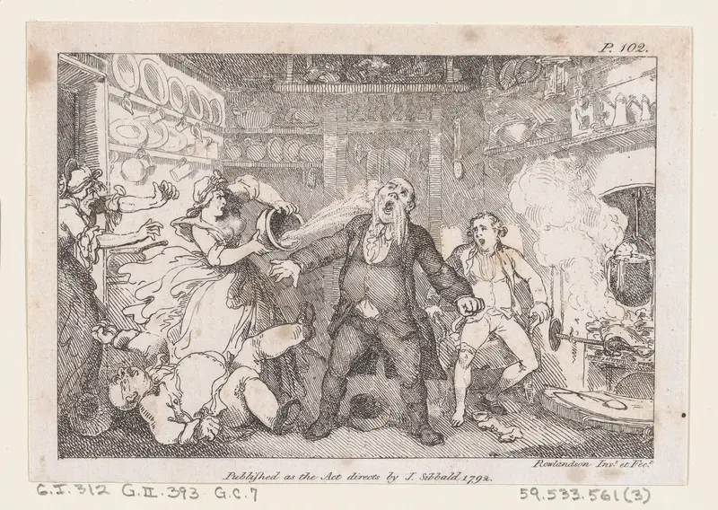 Hostess Discharges a Pan of Blood into the Face of Parson Andrews, from "The Adventures of Joseph Andrews, and his friend Mr. Abraham Adams" Wall Art by Thomas Rowlandson - High-Resolution Digital Print