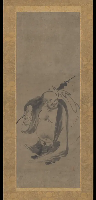 Hotei, flanked by panels of birds