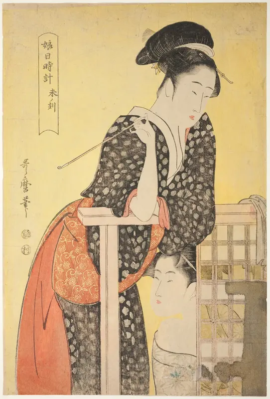 Hour of the Sheep [2 pm] (hitsuji no koku), from the series “Sundial of Young Women" ("Musume hi-dokei") Wall Art by Kitagawa Utamaro - High-Resolution Digital Print