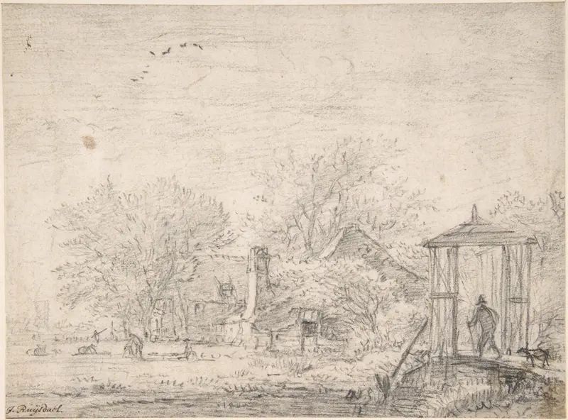 House among Trees, at Right Man and Dog on a Footbridge Wall Art by Jacob van Ruisdael - High-Resolution Digital Print