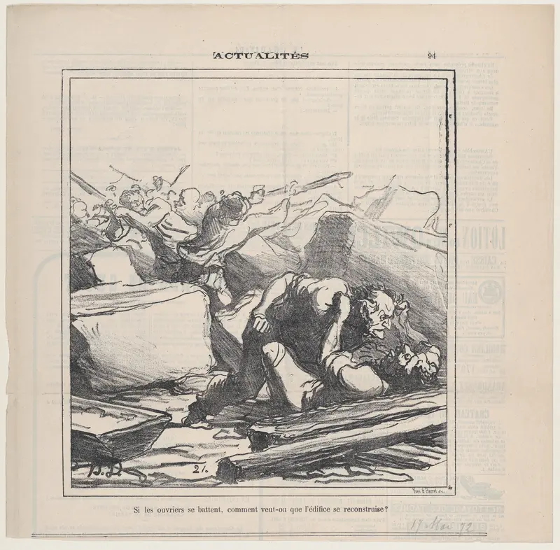 How can the building be restored if the workers are fighting between each other?, from 'News of the day,' published in Le Charivari, May 17, 1872 Wall Art by Honoré Daumier - High-Resolution Digital Print