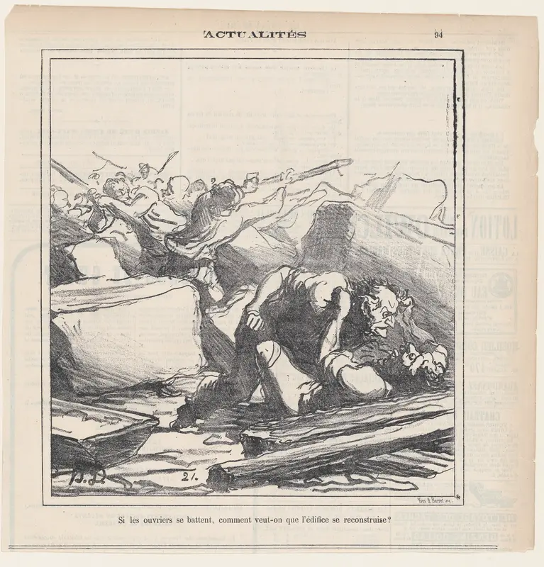 How can the building be restored, if the workers are fighting between each other!, from 'News of the day,' published in "Le Charivari" Wall Art by Honoré Daumier - High-Resolution Digital Print