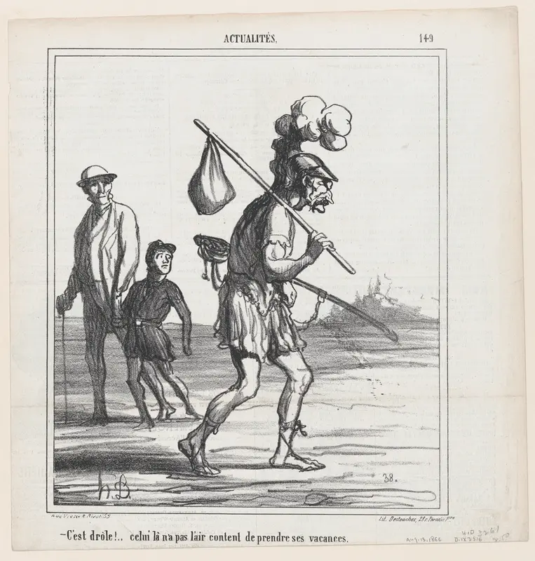 How curious, he doesn't seem to be very happy taking his vacation, from "News of the Day" Wall Art by Honoré Daumier - High-Resolution Digital Print