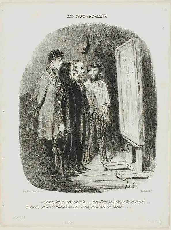 “- How do you find this saint there.... I tried to not make him look too conventional.... The bourgeois: - I quite agree, a Saint never should look short winded,” plate 80 from Les Bons Bourgeois