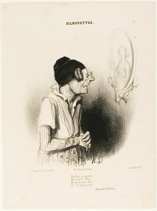 “How much I regret. My arms once so strong, my legs never fat and nothing went wrong” (an ancient song), plate 1 from Silhouettes