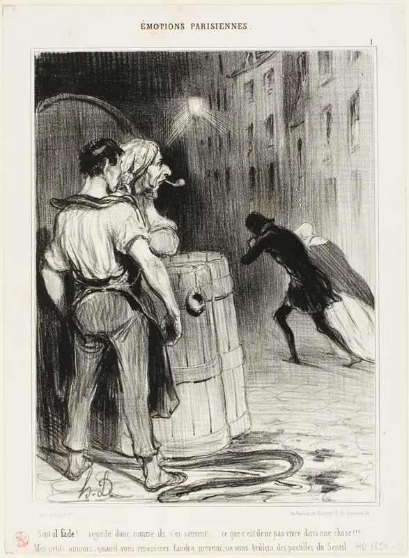 “How silly ! Just look how they run. That's what you get when you are at the wrong place. Just you wait! Next time, tell us in advance and we'll take good care of you...,” plate 1 from Émotions Parisiennes