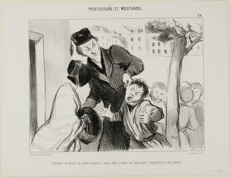 How to Convince a Young Man to Finally Learn to Pay his Respects to his Parents, plate 26 from Professeurs et Moutards (Professors and Rascals)