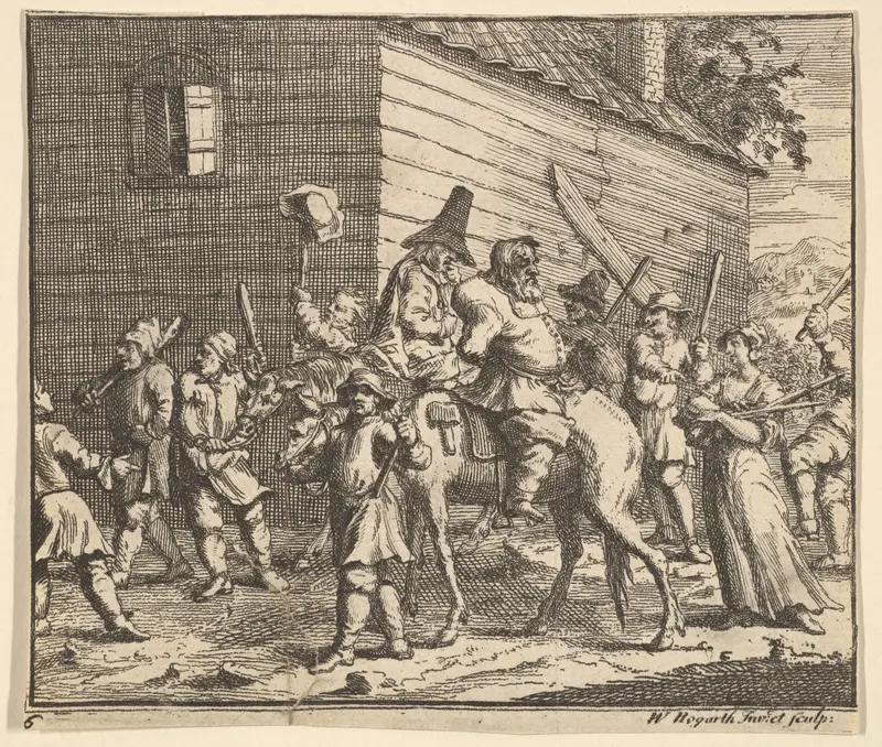 Hudibras and Ralpho Made Prisoners and Carried to the Stocks (Seventeen Small Illustrations for Samuel Butler's Hudibras, no. 6) Wall Art by William Hogarth - High-Resolution Digital Print