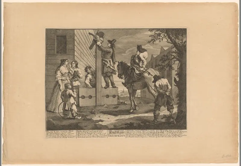 Hudibras met gearresteerde vioolspeler kijkt toe hoe Ralpho diens viool aan een schandpaal vastmaakt Wall Art by Samuel Butler - High-Resolution Digital Print