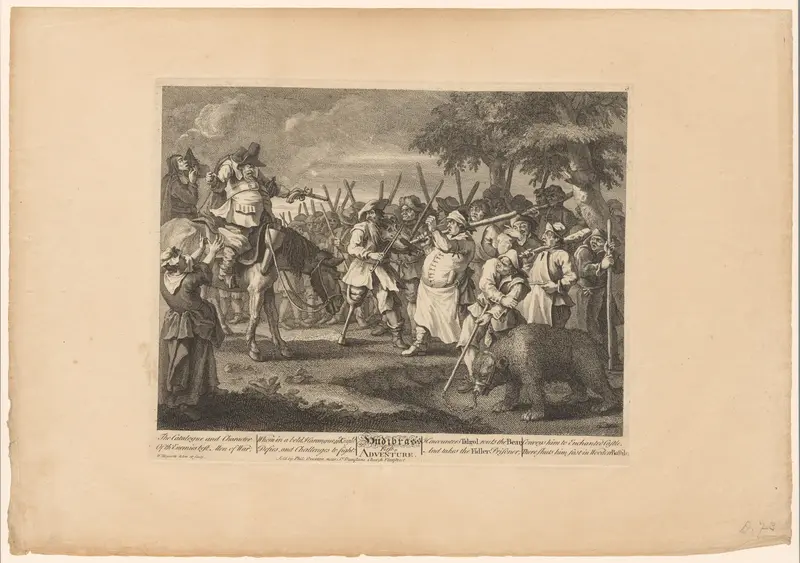 Hudibras richt zijn pistool op een groep mannen met knuppels Wall Art by Samuel Butler - High-Resolution Digital Print