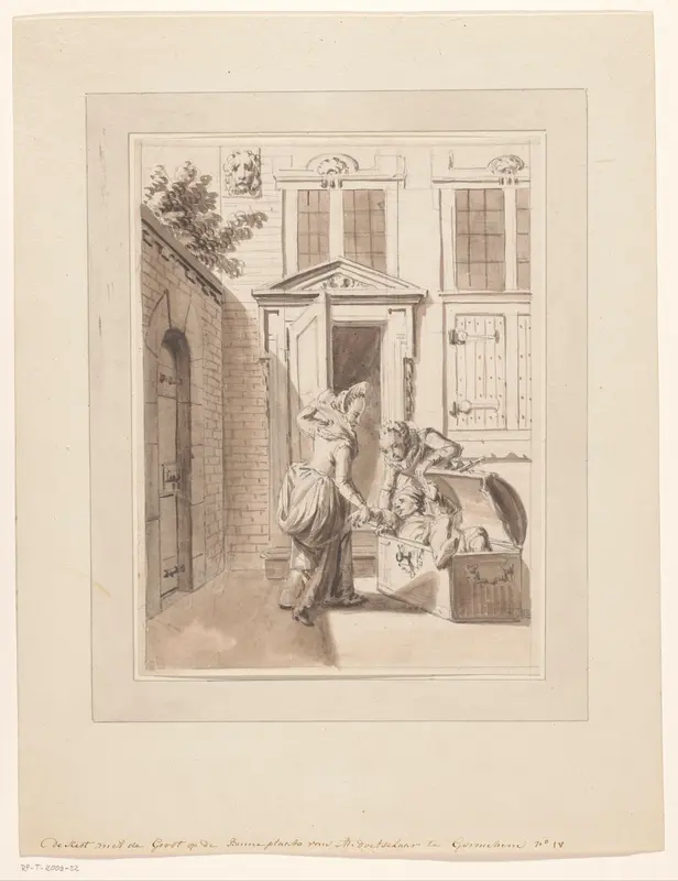 Hugo de Groot wordt op de binnenplaats van het huis van A. Daatselaar te Gorinchem uit de boekenkist geholpen Wall Art by anonymous - High-Resolution Digital Print
