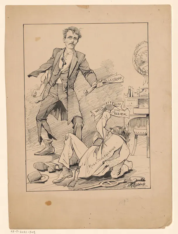 Hugo Nolthenius liggend op de grond voor een staande man die met Telegraaf zwaait Wall Art by Unknown - High-Resolution Digital Print