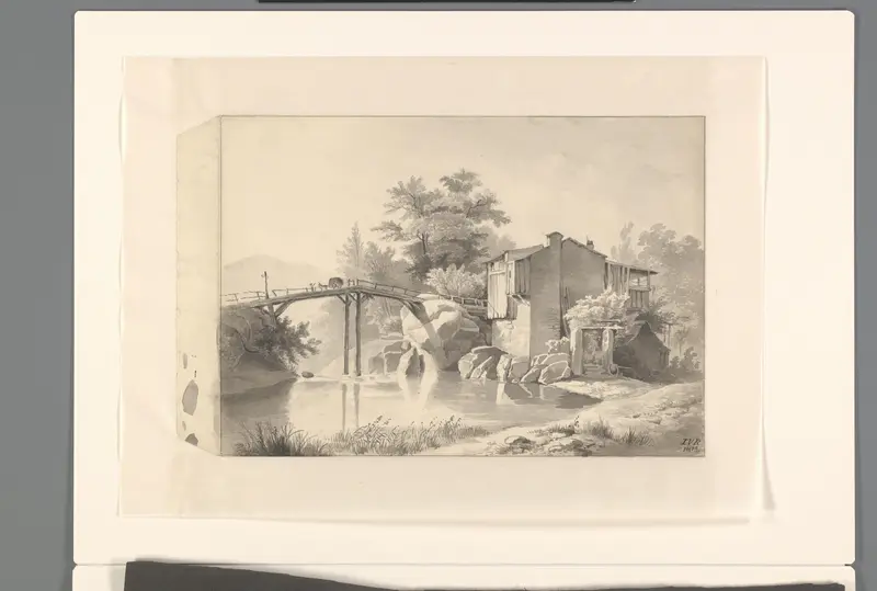 Huis bij een houten brug in een berglandschap Wall Art by Unknown - High-Resolution Digital Print