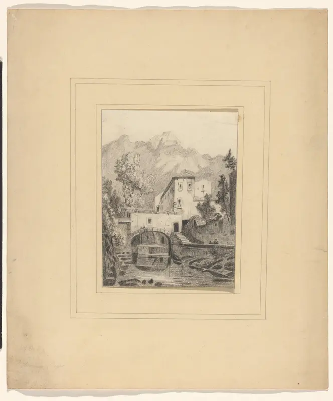 Huis bij een kanaal aan de voet van een berg Wall Art by Unknown - High-Resolution Digital Print