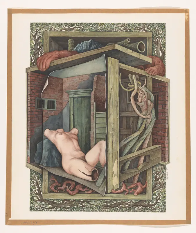 Huis met beeld van een liggende vrouw in het portaal Wall Art by Unknown - High-Resolution Digital Print