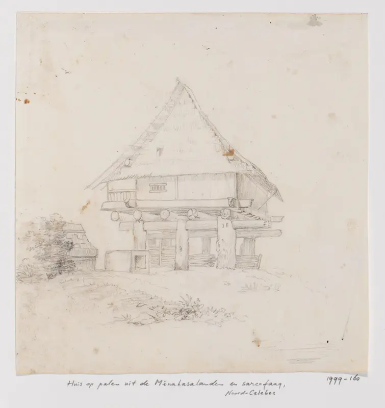 Huis op palen uit de Minahasalanden en sarcofaag, Noord-Celebes Wall Art by Adrianus Johannes Bik - High-Resolution Digital Print