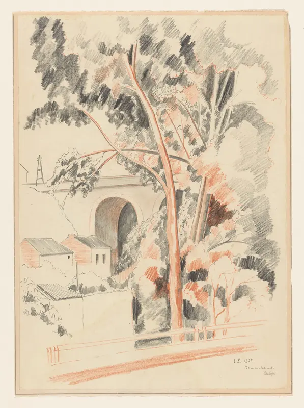 Huizen en bomen onder een viaduct te Remouchamps Wall Art by Unknown - High-Resolution Digital Print