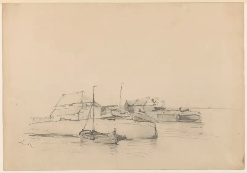 Huizen en twee schepen bij de kust Wall Art by Louis Meijer - High-Resolution Digital Print