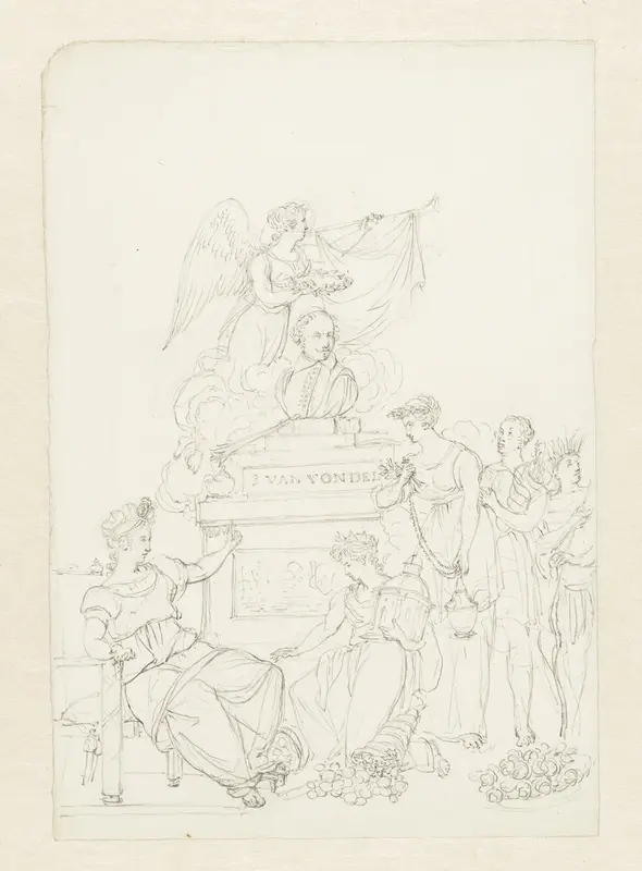 Hulde gebracht door allegorische figuren aan portretbuste van Vondel Wall Art by Pieter Bartholomeusz. Barbiers - High-Resolution Digital Print