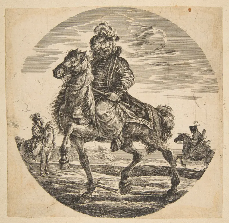 Hungarian horseman riding towards the left, other horsemen in the background, a circular composition from 'Figures on Horseback' (Cavaliers nègres, polonais et hongrois) Wall Art by Stefano della Bella - High-Resolution Digital Print