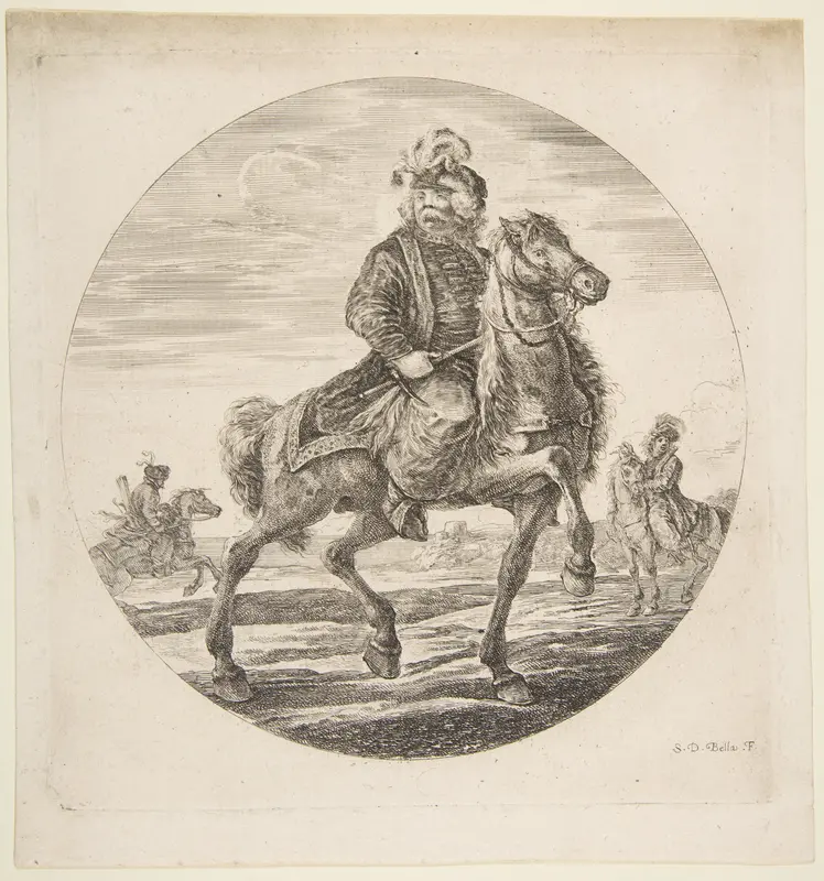 Hungarian horseman riding towards the right, other horsemen in the background, a circular composition from 'Figures on Horseback' (Cavaliers nègres, polonais et hongrois) Wall Art by Stefano della Bella - High-Resolution Digital Print