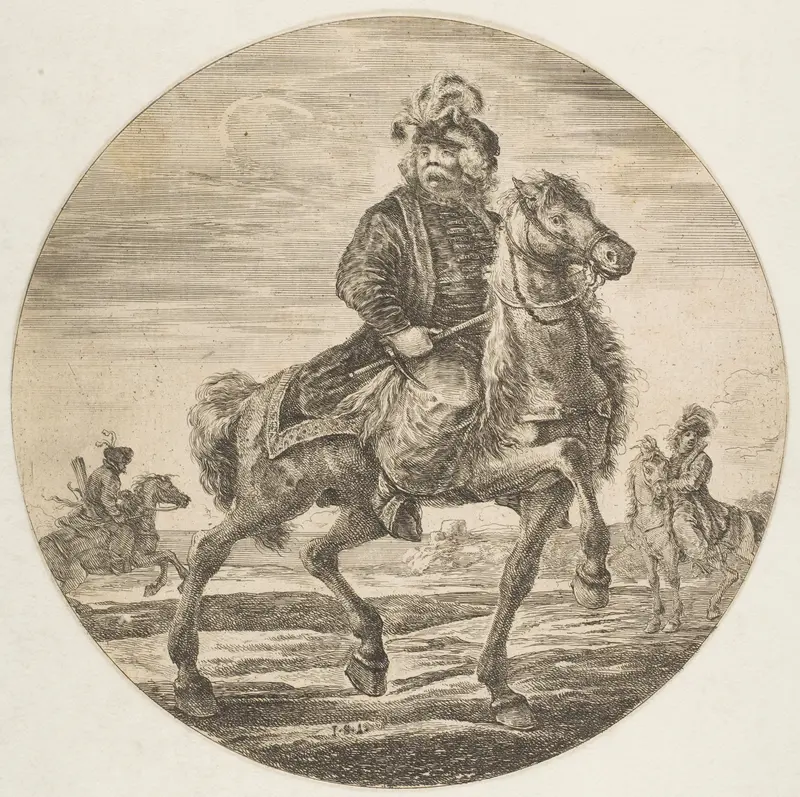 Hungarian horseman riding towards the right, other horsemen in the background, a circular composition from "Figures on Horseback (Cavaliers nègres, polonais et hongrois) Wall Art by Stefano della Bella - High-Resolution Digital Print